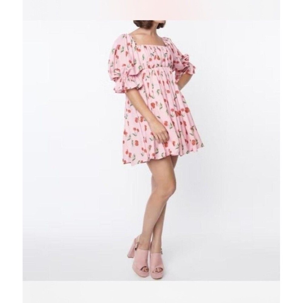 Smak Parlour Dress sz 3X pink cherry print off shoulder tulle flare mod quirky